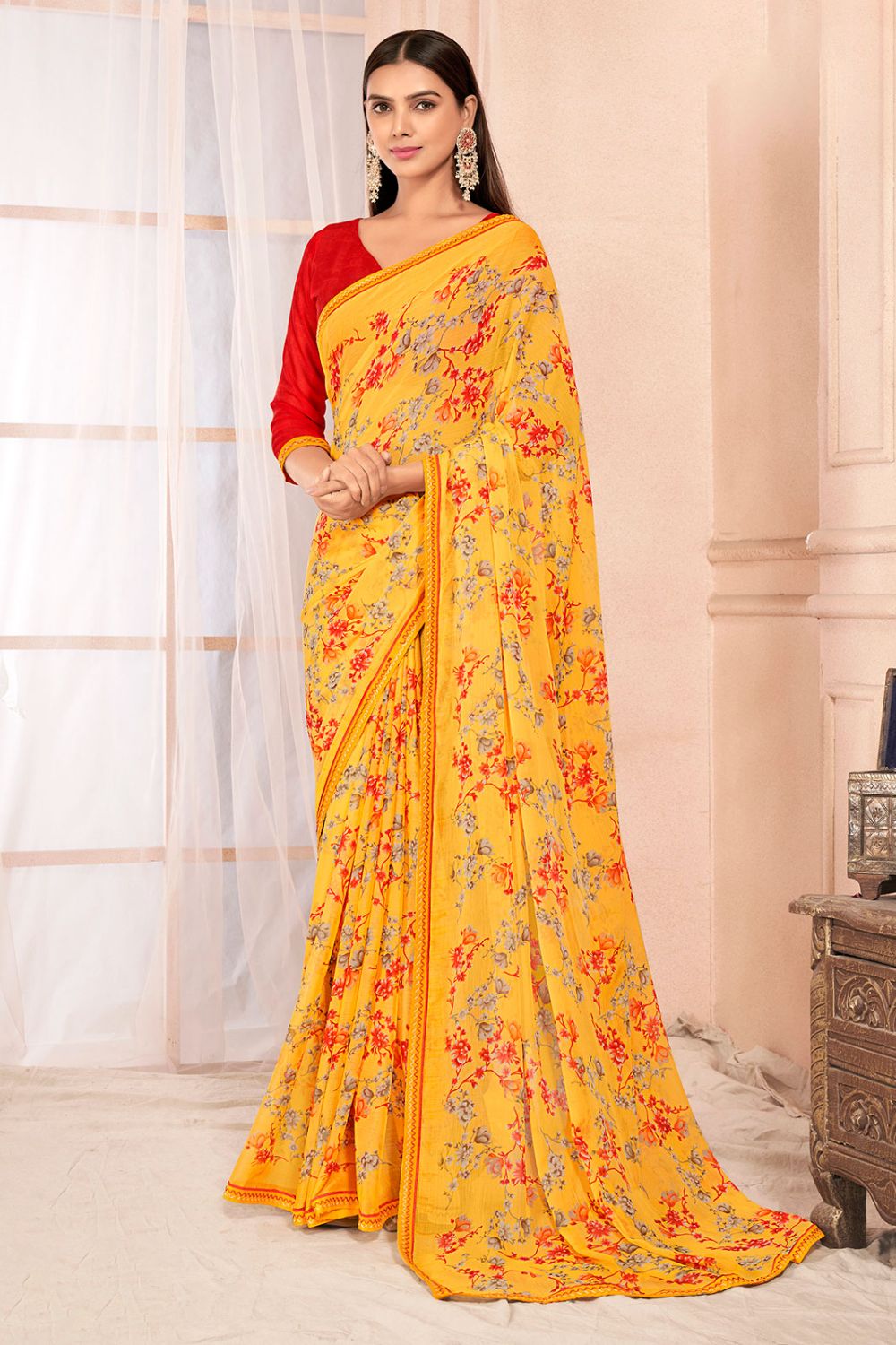 Sunny Yellow Chiffon Printed Casual Wear Saree