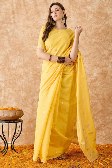 Sunny Yellow Cotton Jacquard Saree for Party