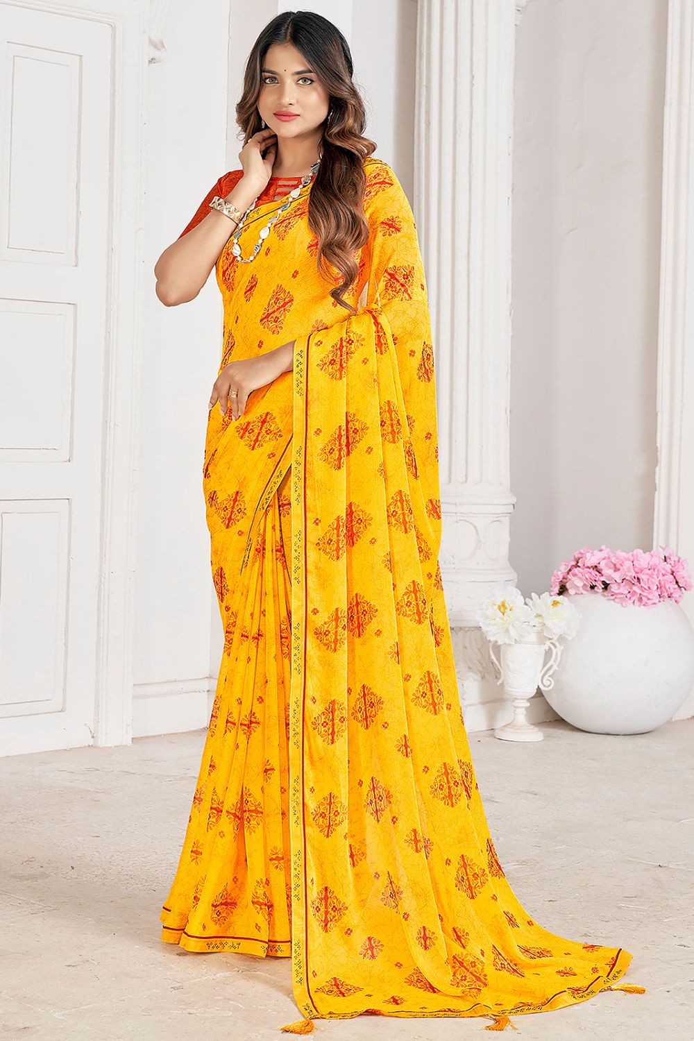 Sunny Yellow Digital Printed Chiffon Casual Wear Saree