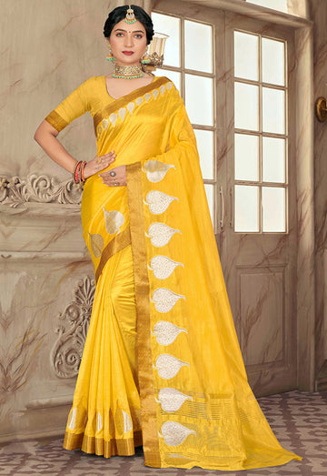 Sunny Yellow Embellished Cotton Saree for Festival