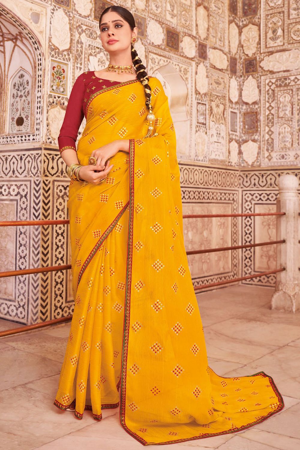 Sunny Yellow Chiffon Saree with Embroidery Work