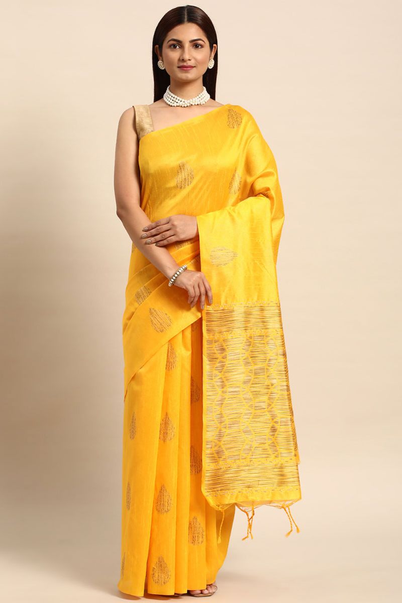 Sunny Yellow Handloom Weaving Raw Silk Saree