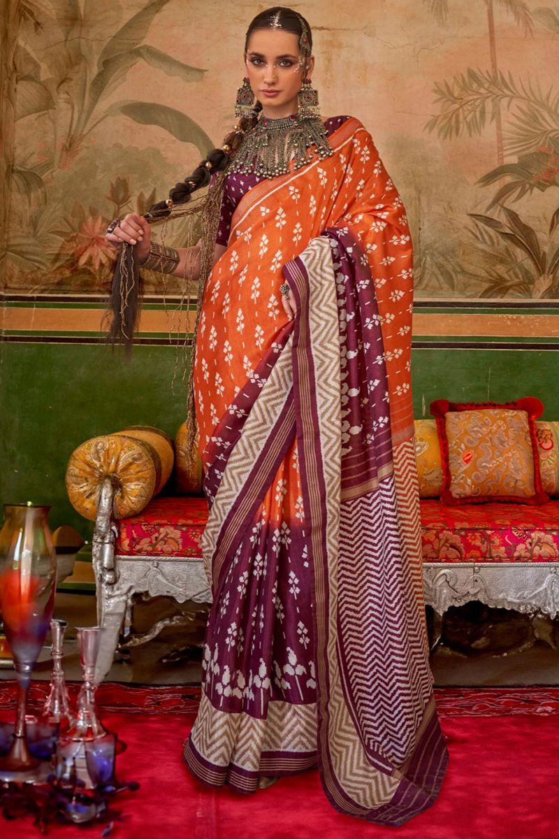 Tangy Orange and Wine Mercerized Silk Saree for Festival