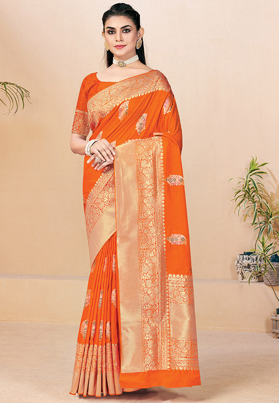 Tangy Orange Banarasi Silk Woven Saree