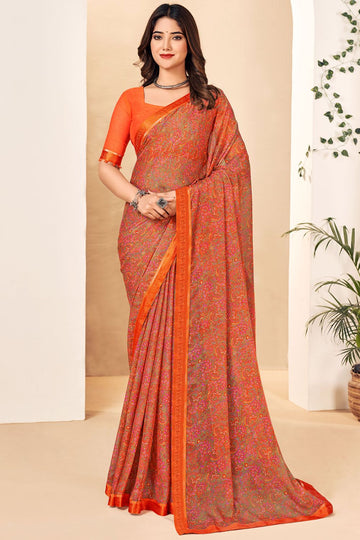 Tangy Orange Printed Chiffon Casual Wear Saree