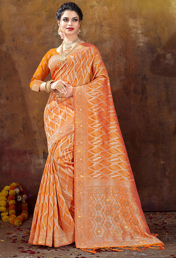 Tangy Orange Woven Organza Saree for Party