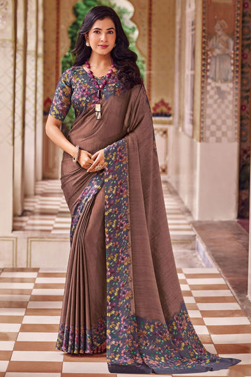 Taupe Brown Printed Chiffon Saree