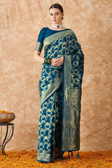 Teal Blue Banarasi Silk Saree for Festival