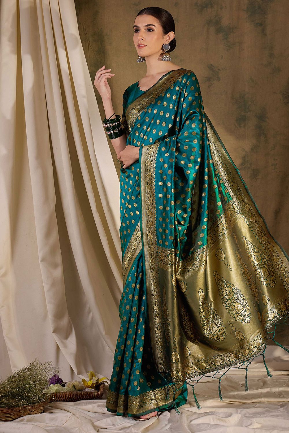 Teal Blue Banarasi Silk Woven Saree for Festival