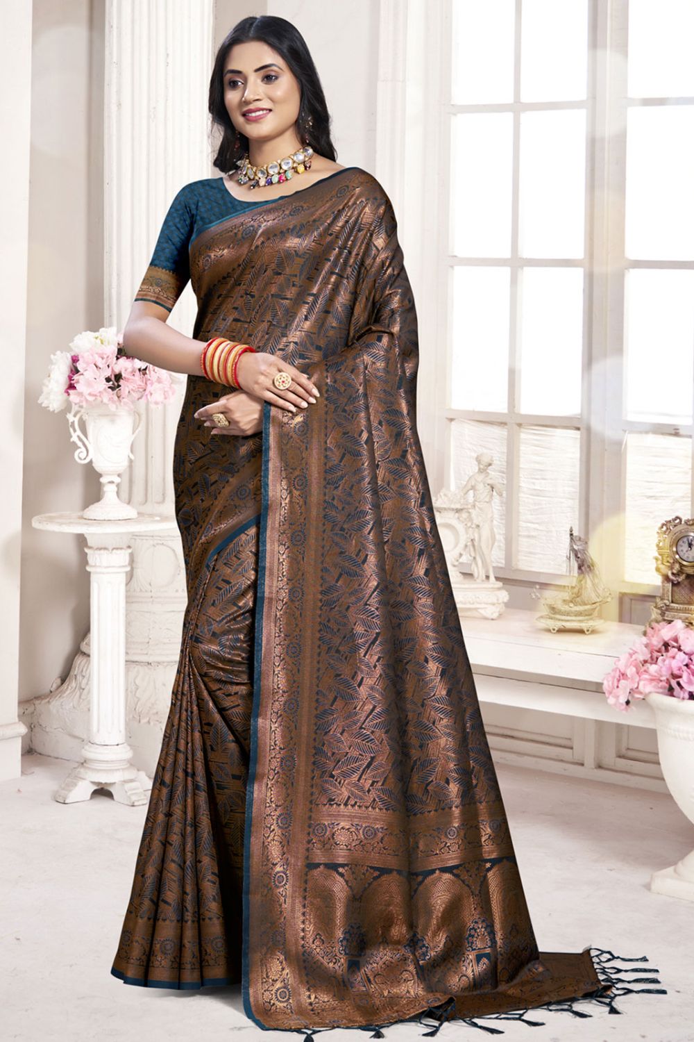 Teal Blue Banarasi Silk Zari Woven Saree