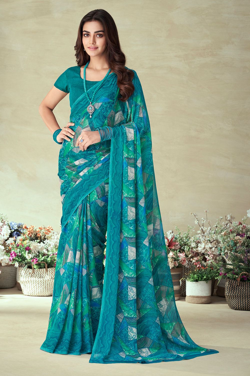 Teal Blue Chiffon Printed Casual Wear Saree