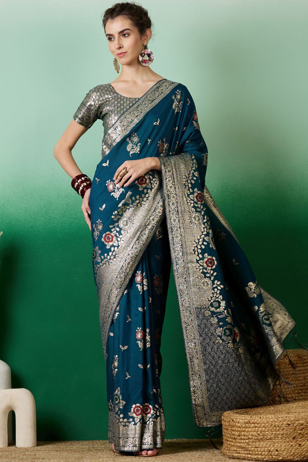 Teal Blue Dola Jacquard Zari Woven Saree for Party