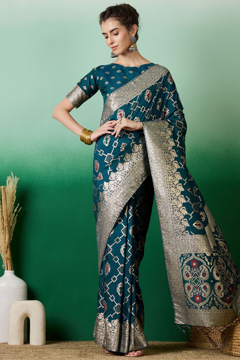 Teal Blue Dola Jacquard Zari Woven Saree for Party