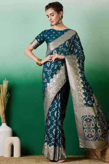 Teal Blue Dola Jacquard Zari Woven Saree for Party