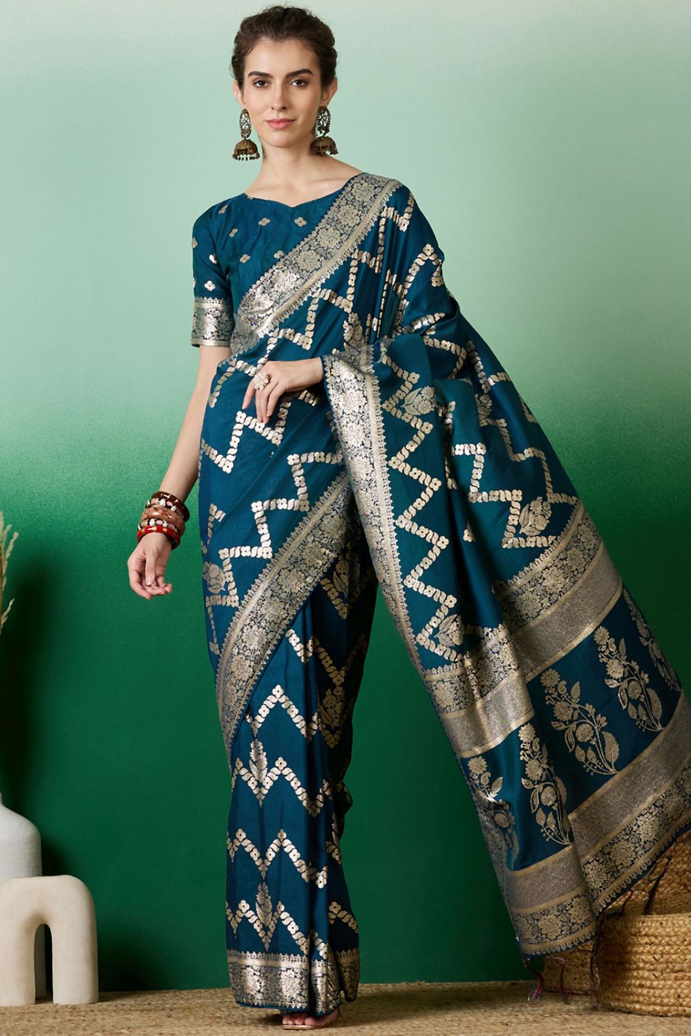 Teal Blue Dola Jacquard Zari Woven Saree for Party