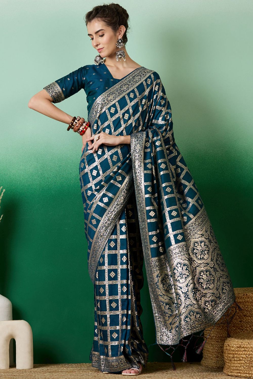 Teal Blue Dola Jacquard Zari Woven Saree for Party