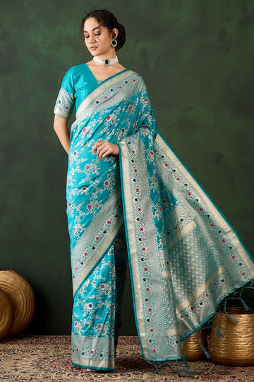 Teal Blue Jacquard Silk Woven Party Wear Saree