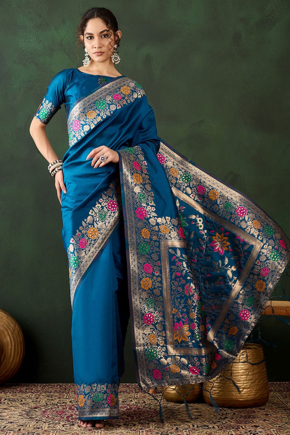 Teal Blue Poly Silk Woven Party Wear Saree