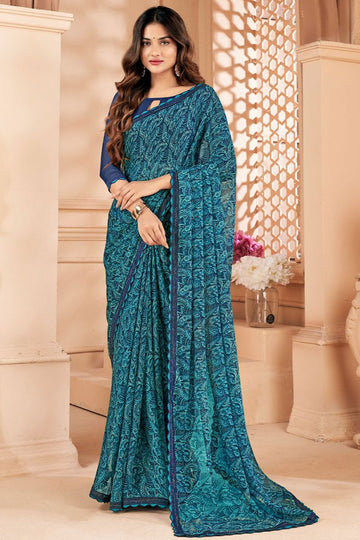 Teal Blue Printed Casual Wear Saree