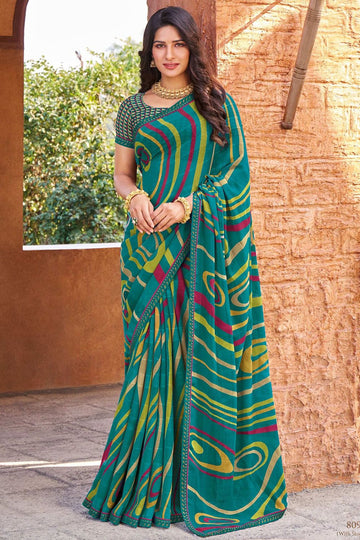 Teal Blue Printed Georgette Casual Saree