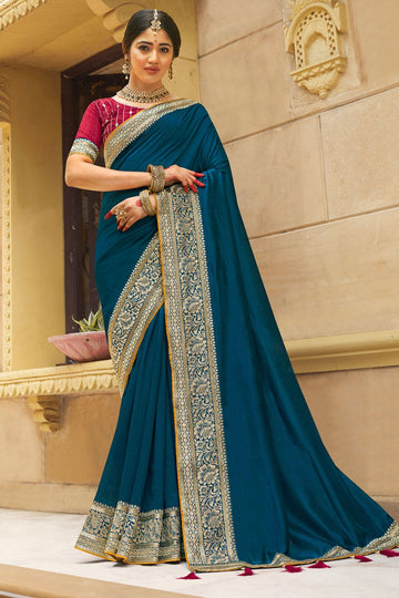 Teal Blue Zari Embroidered Silk Saree