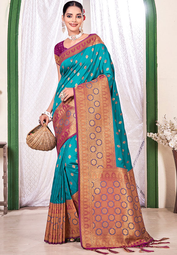 Teal Blue Weaving Work Banarasi Silk Saree