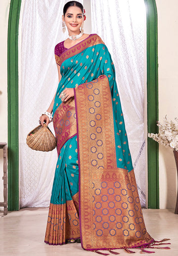 Teal Blue Weaving Work Banarasi Silk Saree