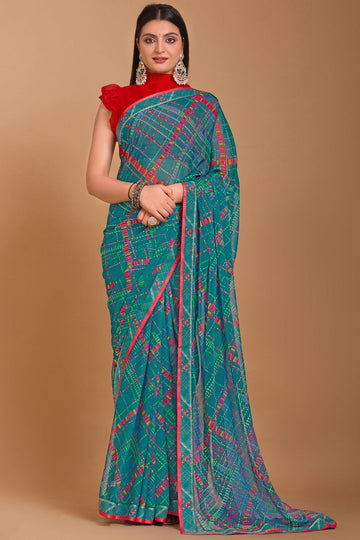 Teal Green Digital Printed Chiffon Casual Wear Saree