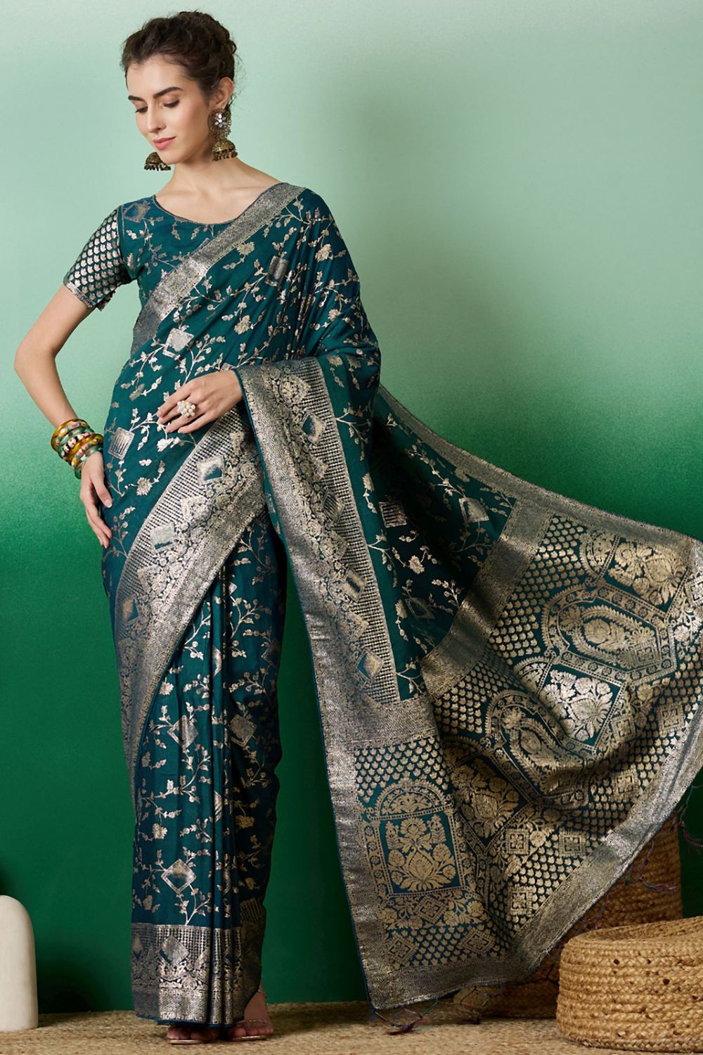 Teal Green Dola Jacquard Zari Woven Saree for Party