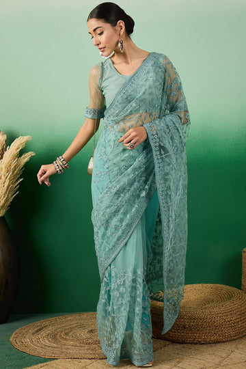 Teal Green Net Embroidered Saree for Party