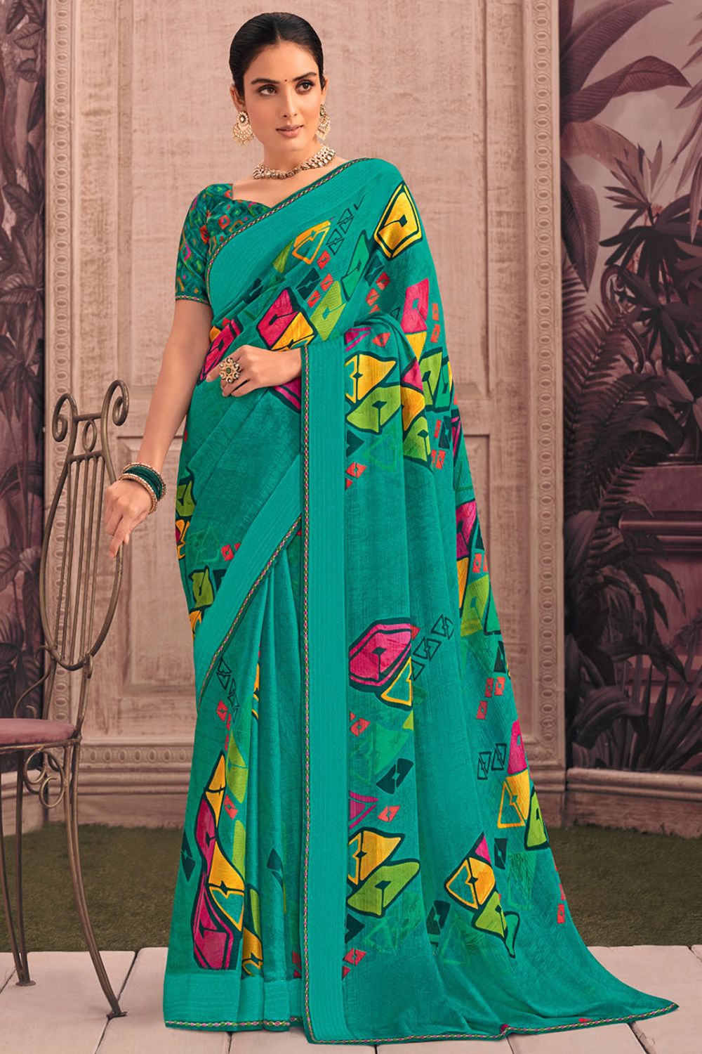 Teal Green Printed Georgette Casual Wear Saree