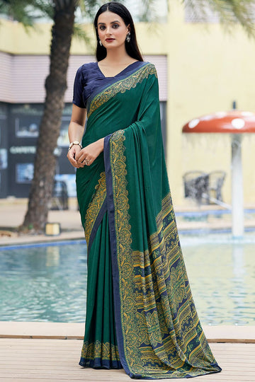 Teal Green Printed Silk Crepe Saree for Party