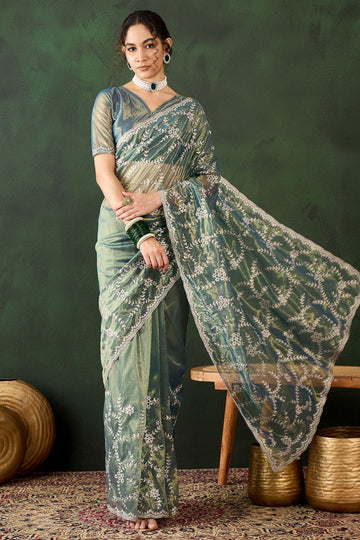 Teal Green Shimmer Embroidered Party Wear Saree