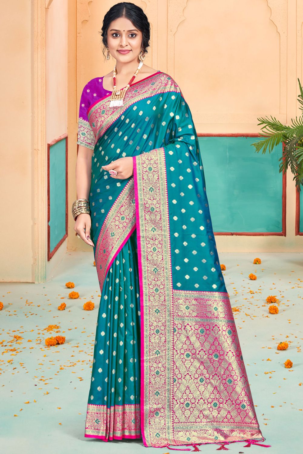 Teal Green Silk Woven Work Saree