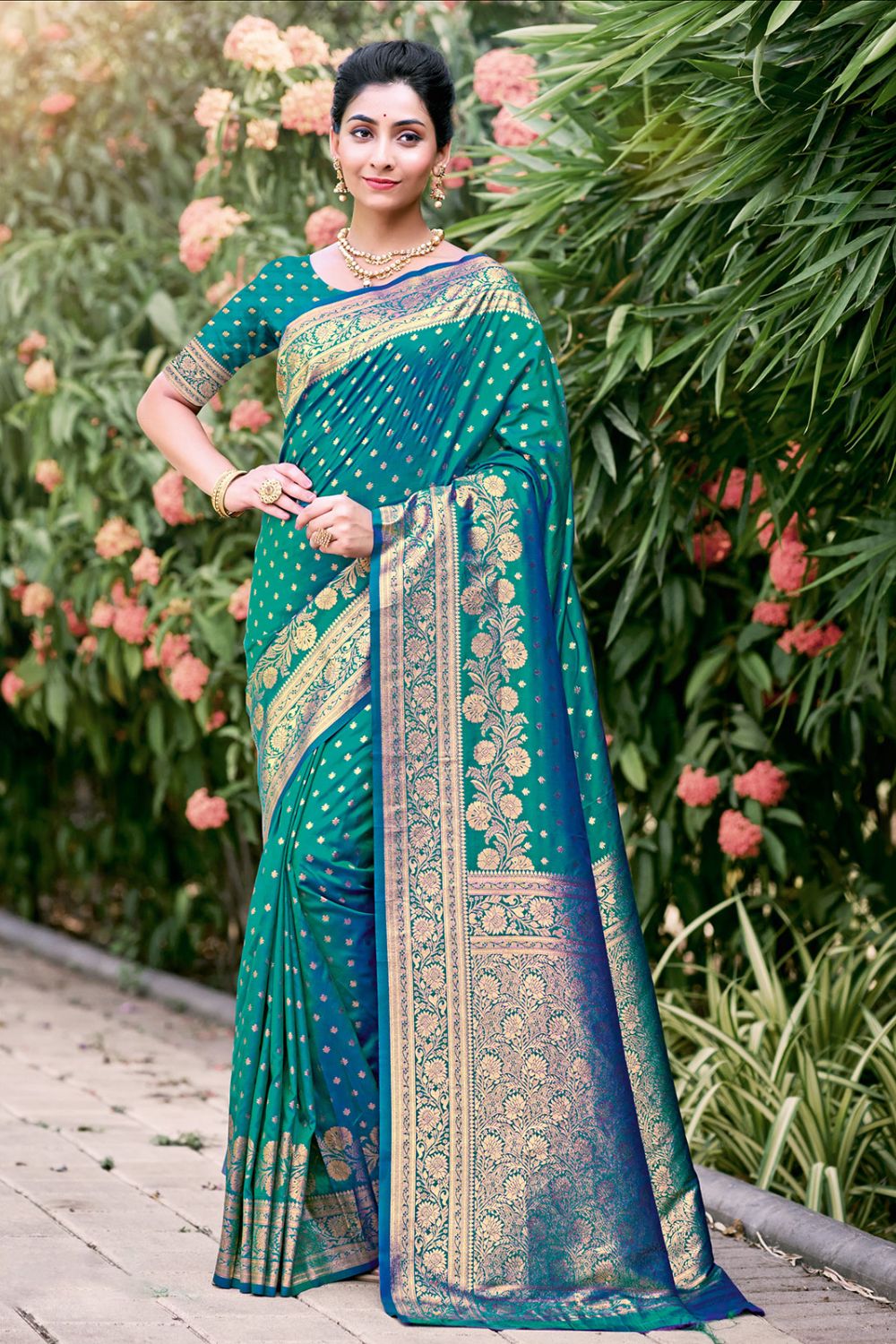 Teal Green Silk Zari Woven Saree