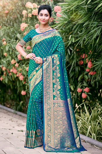 Teal Green Zari Weaving Work Silk Saree