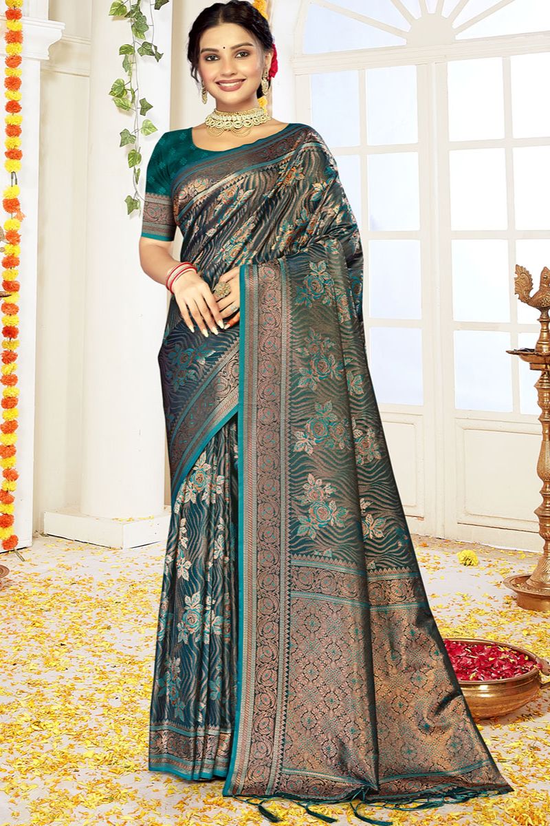 Teal Green Woven Satin Silk Saree