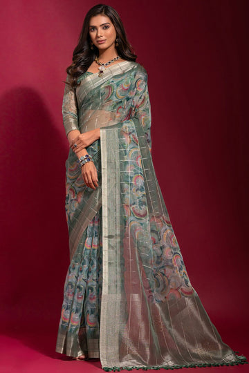 Teal Green Zari Checks Linen Silk Party Wear Saree