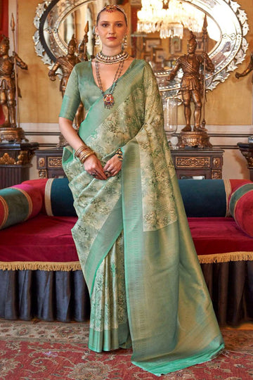 Teal Grey Tussar Silk Saree with Digital Print