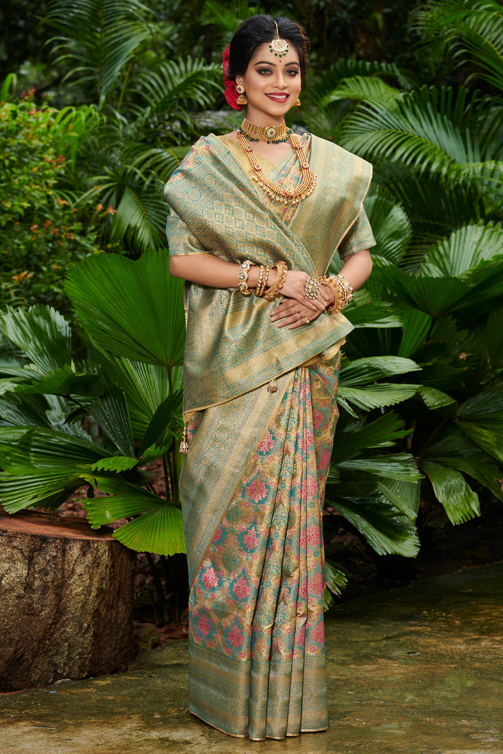 Teal Grey Kanjivaram Silk Saree for Festival