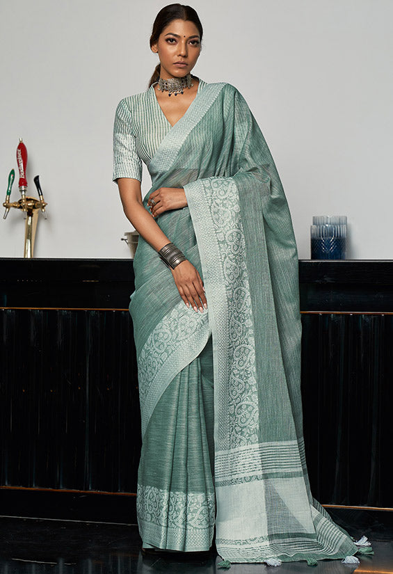 Teal Grey Linen Printed Saree