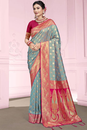 Teal Grey Woven Silk Saree for Ceremonial