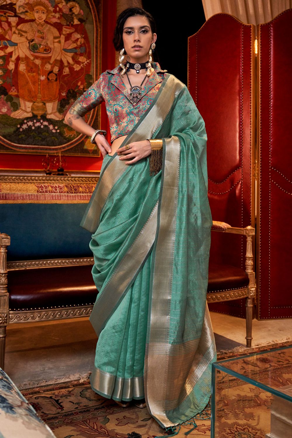 Teal Mint Woven Moss Chiffon Party Wear Saree