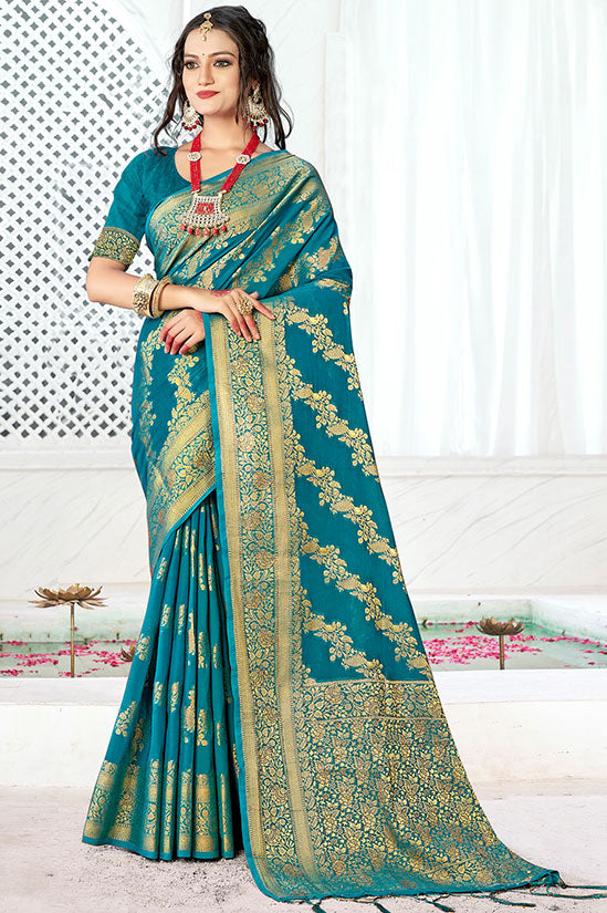 Turquoise Banarasi Silk Woven Saree for Festival