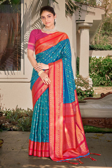 Turquoise Blue Zari Weaving Work Silk Saree