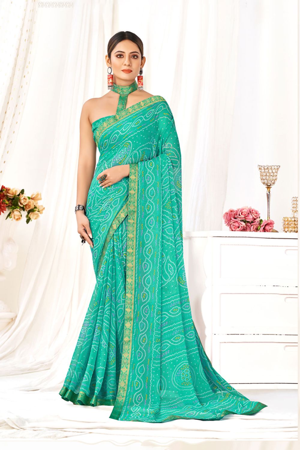 Turquoise Chiffon Printed Casual Wear Saree