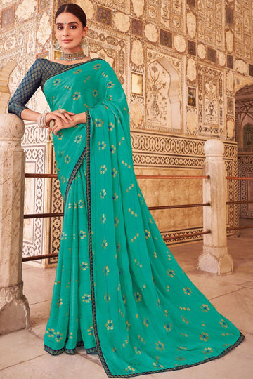 Turquoise Chiffon Saree with Embroidery Work