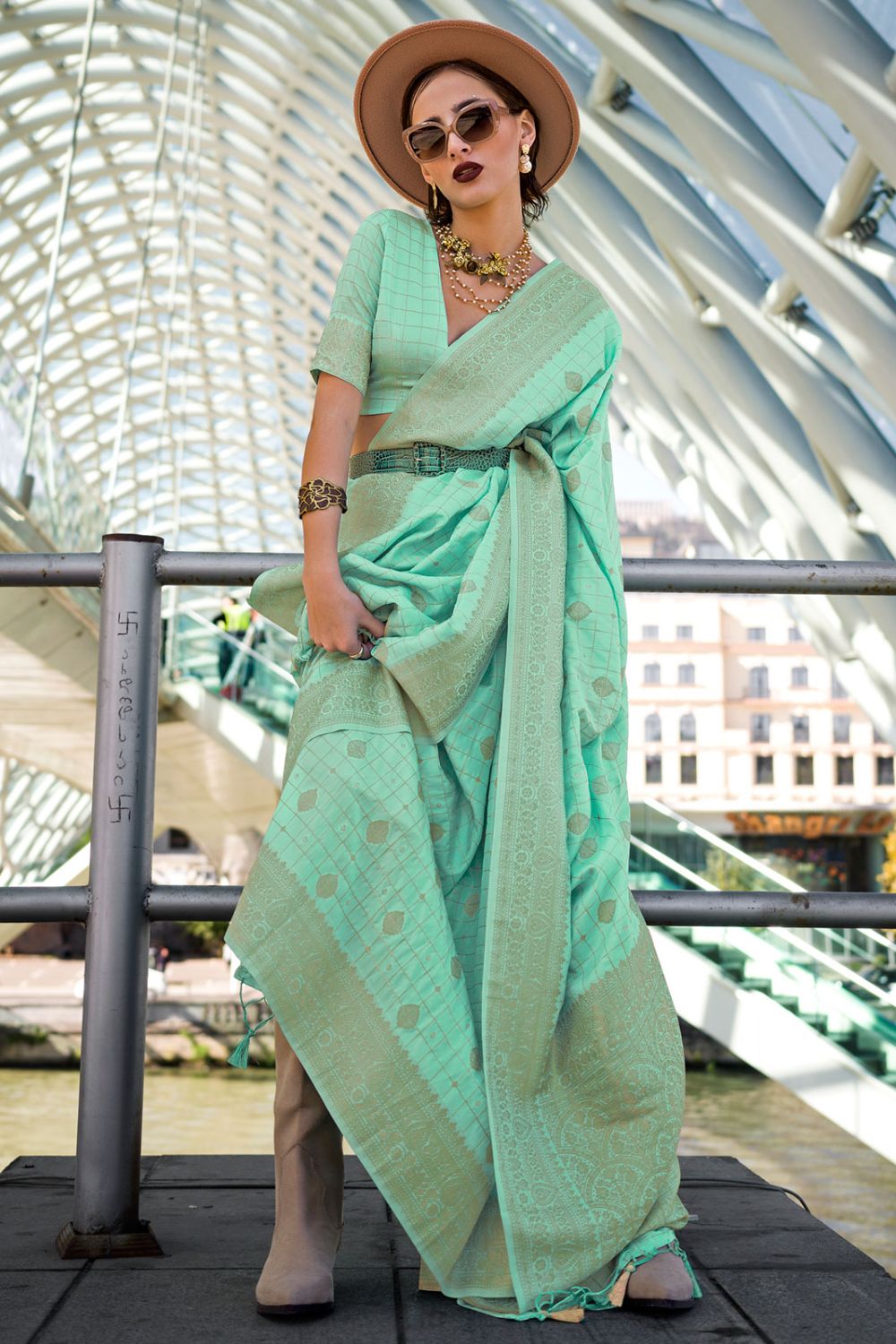 Turquoise Handloom Weaving Katan Silk Saree for Festival