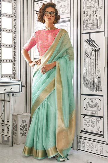 Turquoise Handloom Weaving Moss Chiffon Saree for Party