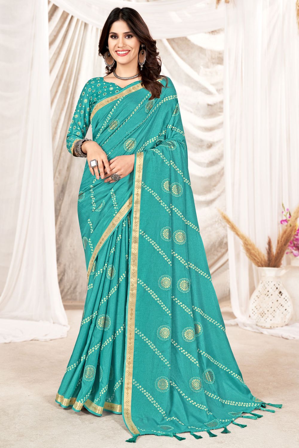 Turquoise Foil Printed Party Wear Saree